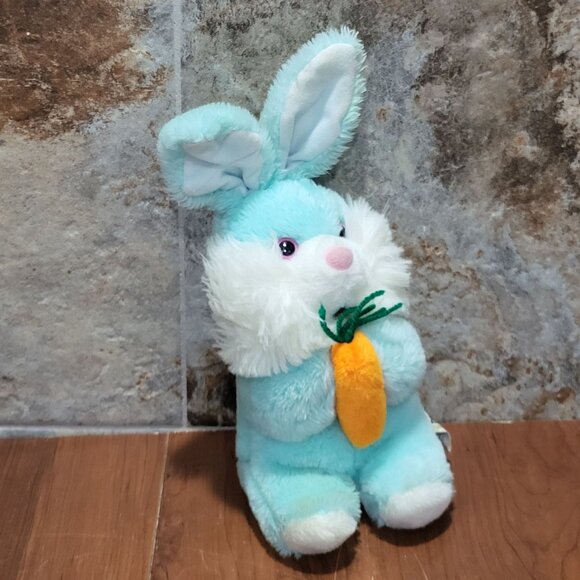 Vintage Kaybee Blue And White Bunny Rabbit Holding Carrot Plush - Picture 10 of 11